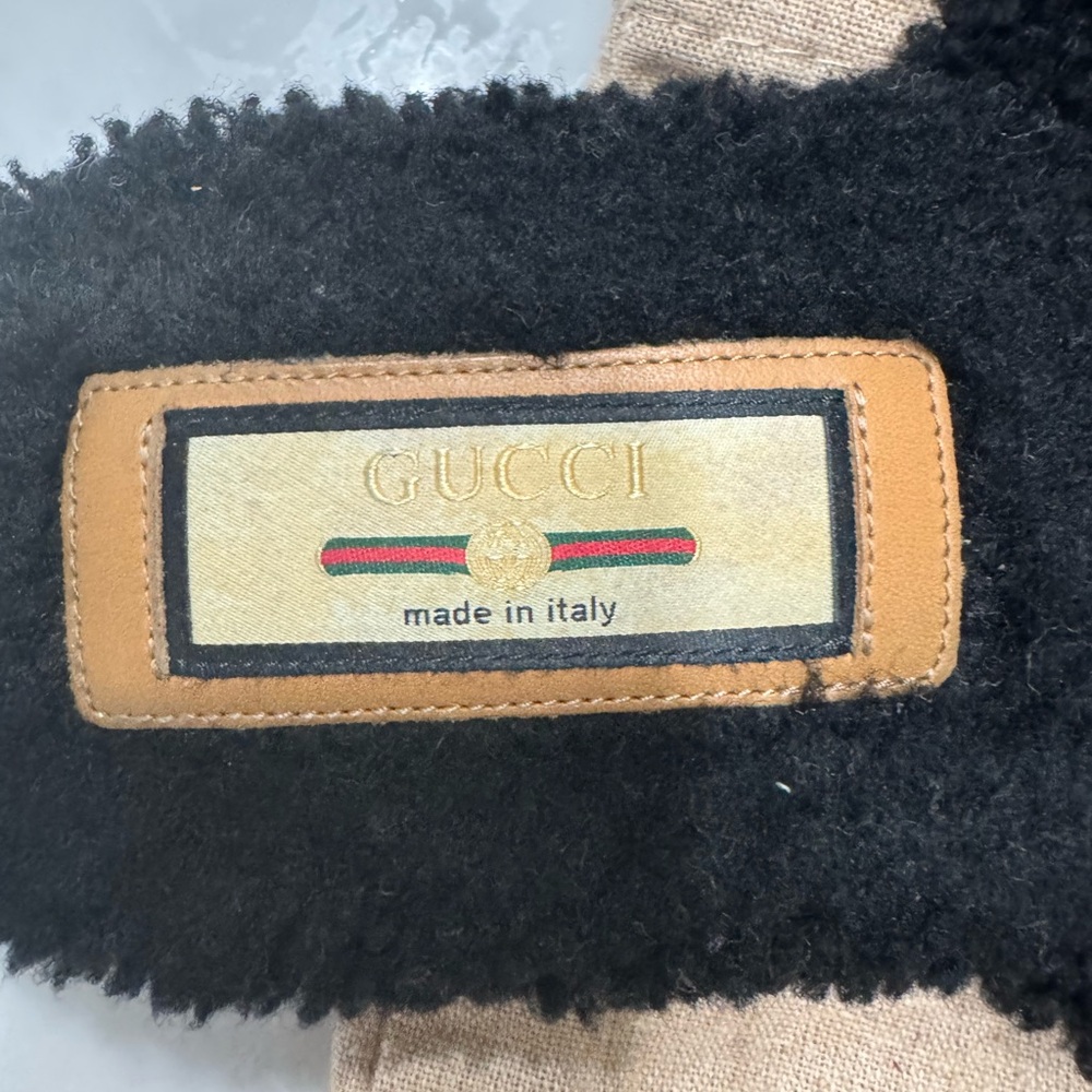 Gucci Black Fuzzy Slip-On Mules with Tan Leather Soles - Picture 7 of 7